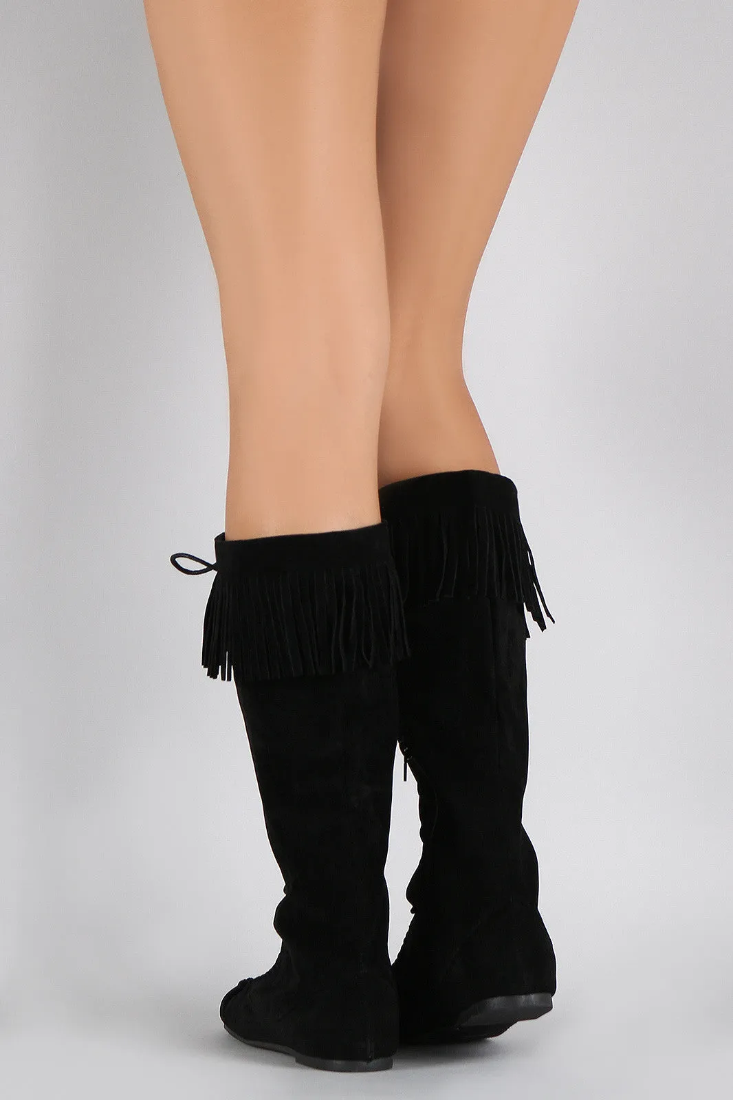 Bamboo Fringe Lace Up Moccasin Flat Boots