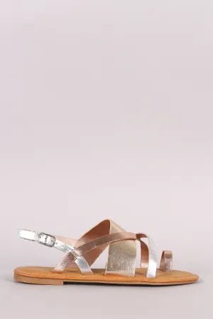 Bamboo Tri-Tone Metallic Strappy Toe Ring Slingback Flat Sandal