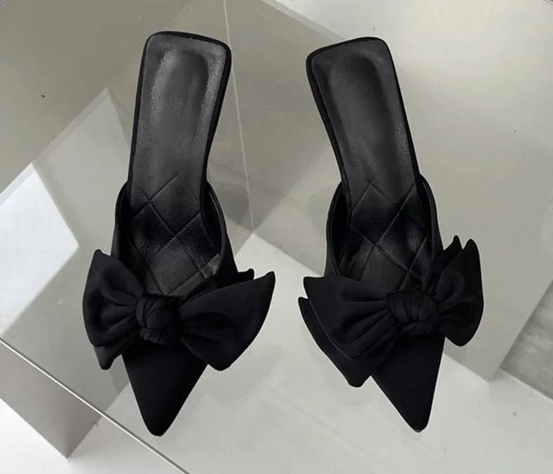 Butterfly-Knot Bow Pointed Toe High Heel Mules