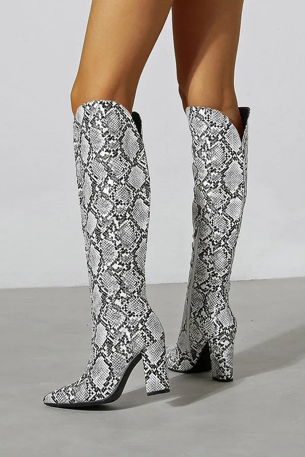 Chunky High Heel Snake Print Boots