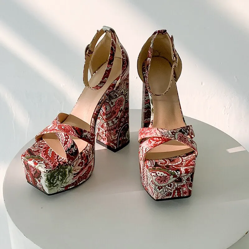 Graffiti Print Square Toe High Heeled Platform Sandals