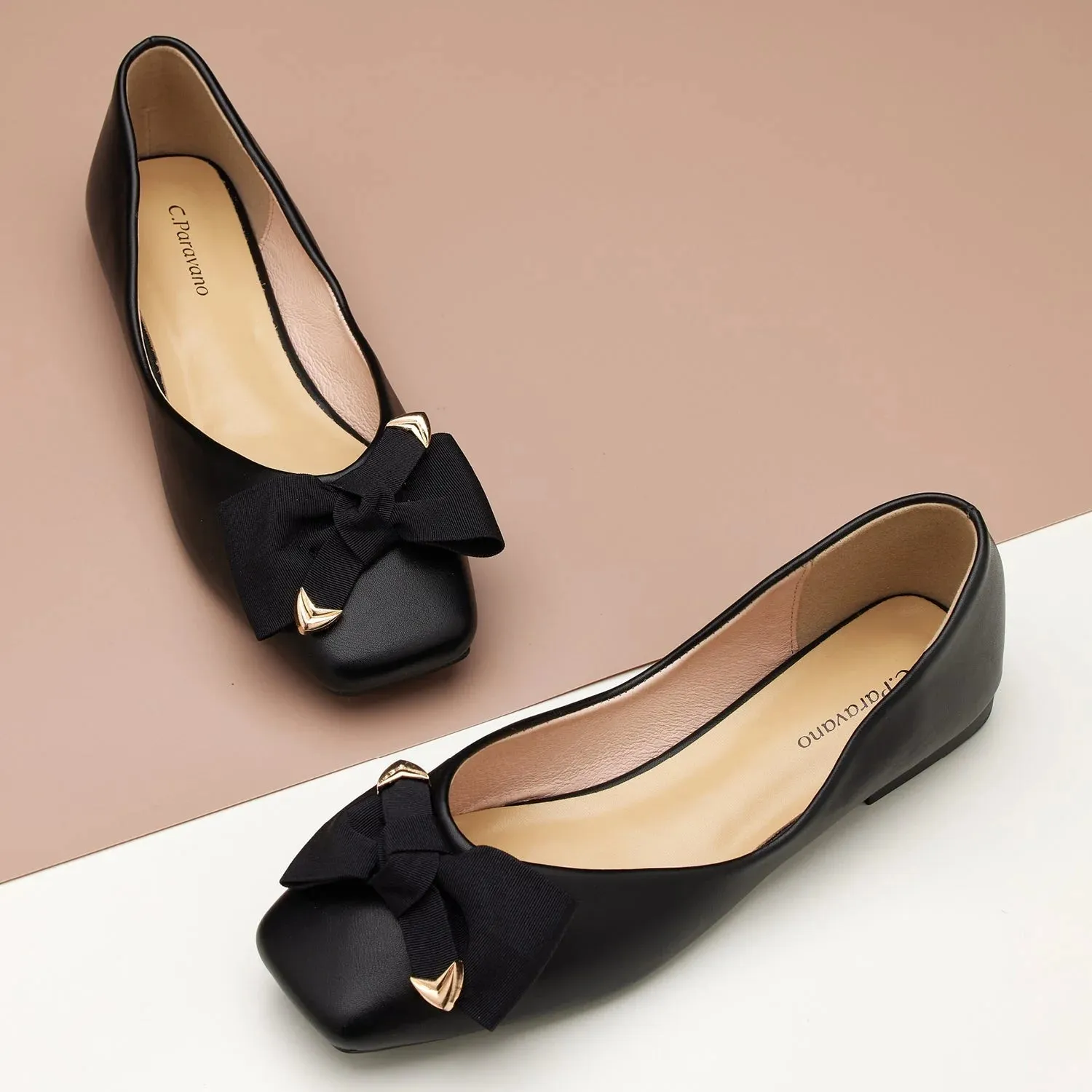 Metal Bow Ballerina Flats (Eva) Black