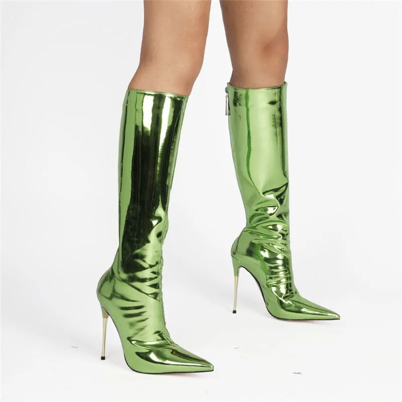 Metallic Patent Leather Thin Heels Knee-High Boots